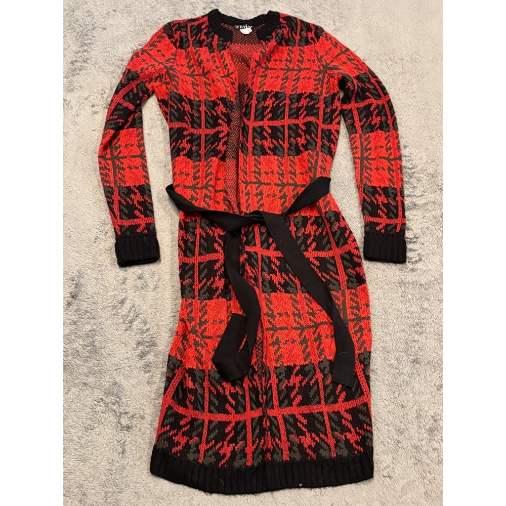 Venus Open Cardigan Womens XS Belted Geometric Red Black Long Sleeve Knit